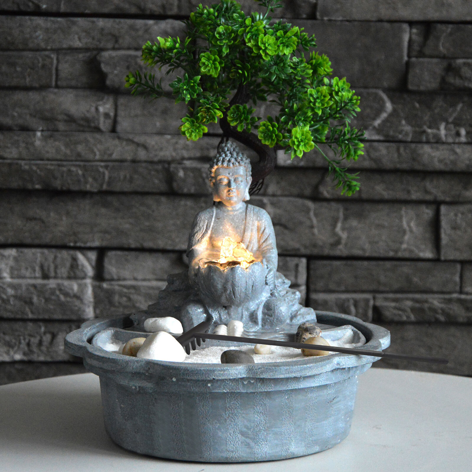 Desktop Japanese Miniature Zen Bonsai Garden with Buddha Water Fountain