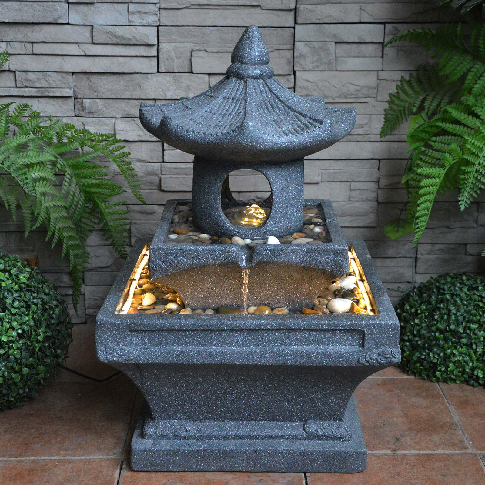 69cm Japanese Style Pagoda Garden Lantern Water Feature Fountain With Led Lights